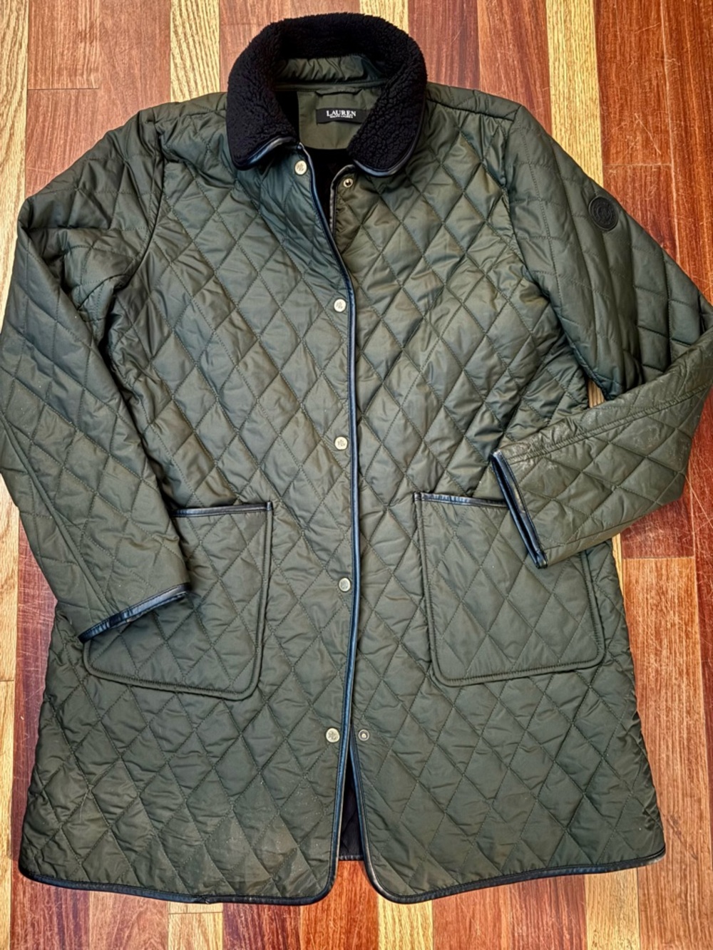 Lauren by Ralph Lauren Green Quilted Coat with Black Sherpa Collar Size Large